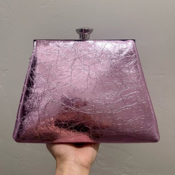 Metallic Pink Genuine Leather Handmade Push Lock Box Bag, Multi Use Style - Picture 4 of 15